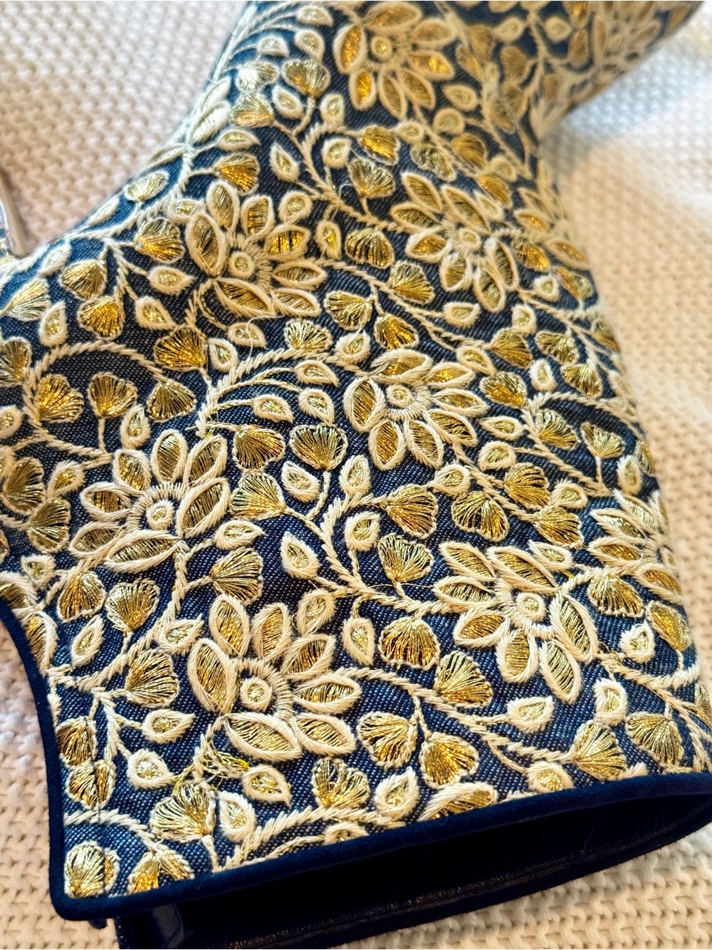 MANOLO BLAHNIK 💥RARE💥 Isola Blue Denim Gold Floral Embroidered Ankle Boots 3.5” - Picture 6 of 11